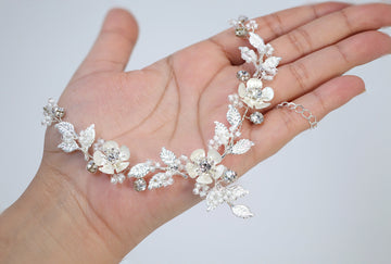 Swarovski Crystal Silver Floral Necklace set , Long Bridal Jewelry Crystal Flower Necklace Bridal Earrings Statement Earrings